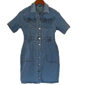 Short Sleeve Light Wash Western Denim Button Down Mini Shirt Dress Belt Loops S